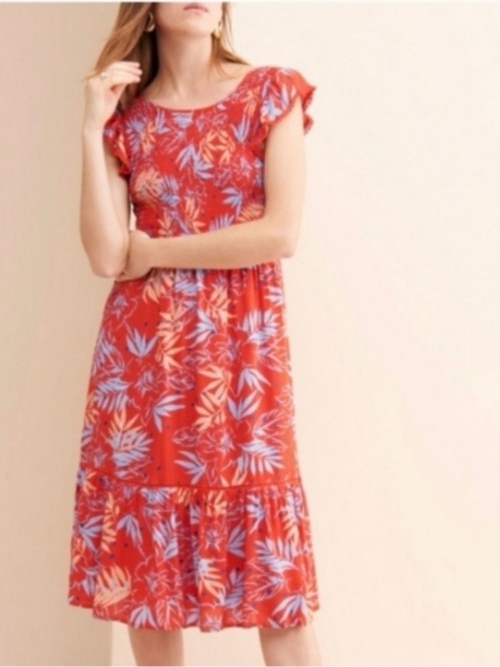 Anthropologie Lost + Wander Red Floral Leaves Short Sleeve Midi Dress size Small